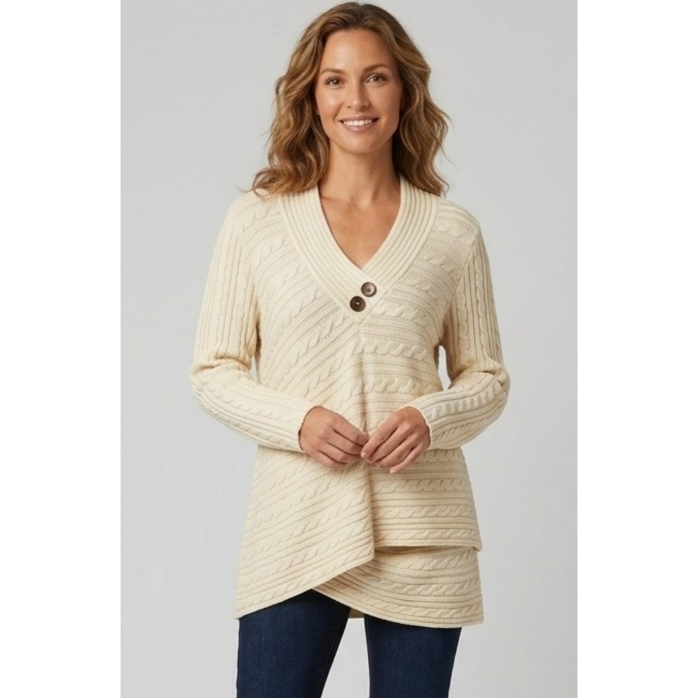 Venus Cable Knit Layered Hem Sweater Cream Size XL